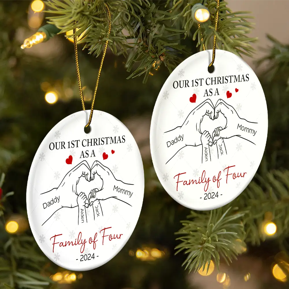 First Christmas As A Family Of Three Hand Heart - Personalized Circle Ceramic Ornament ORNA1210