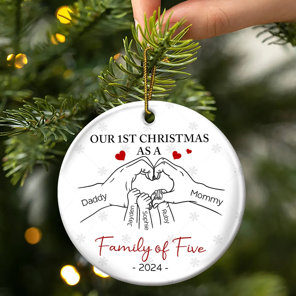 First Christmas As A Family Of Three Hand Heart - Personalized Circle Ceramic Ornament ORNA1210