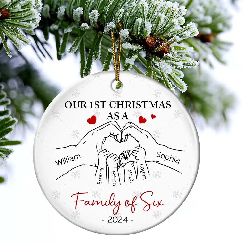 First Christmas As A Family Of Three Hand Heart - Personalized Circle Ceramic Ornament ORNA1210