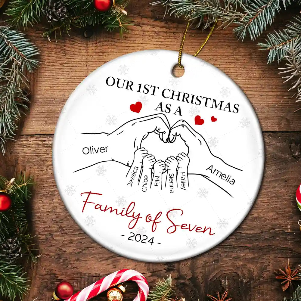First Christmas As A Family Of Three Hand Heart - Personalized Circle Ceramic Ornament ORNA1210