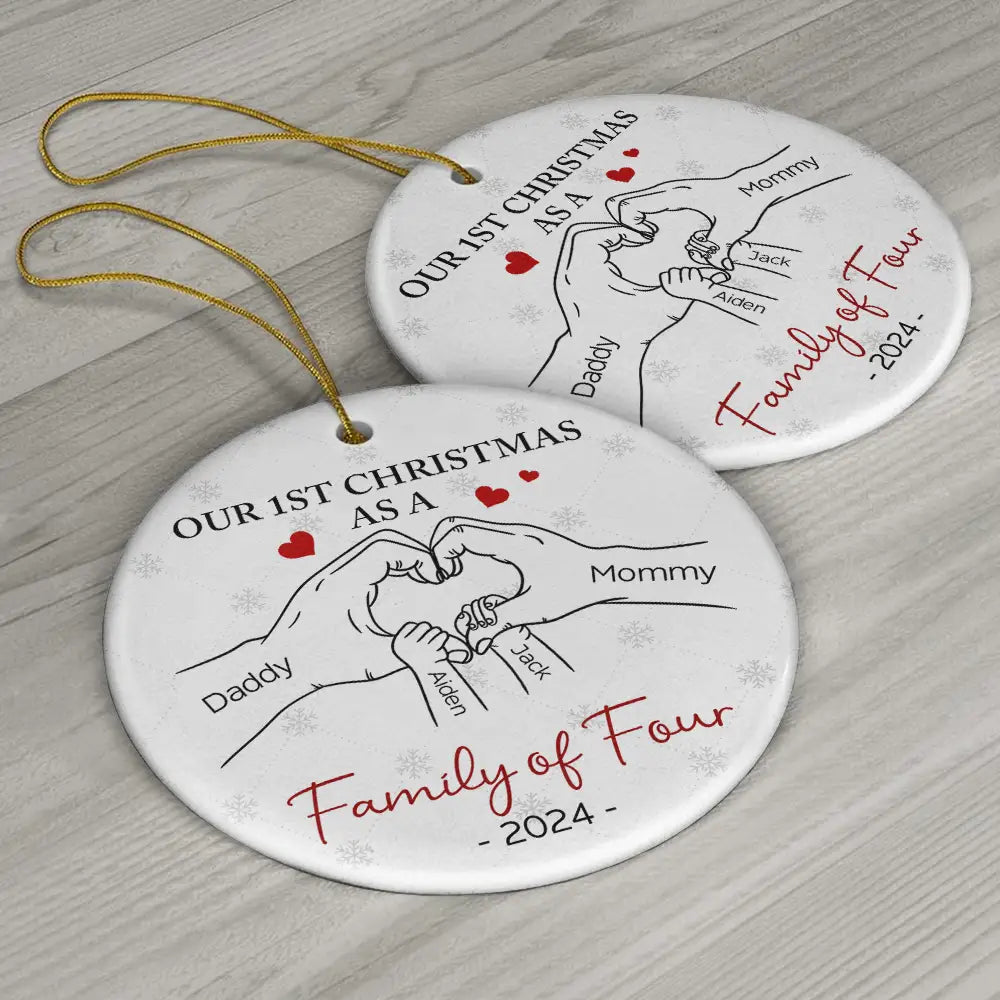 First Christmas As A Family Of Three Hand Heart - Personalized Circle Ceramic Ornament ORNA1210