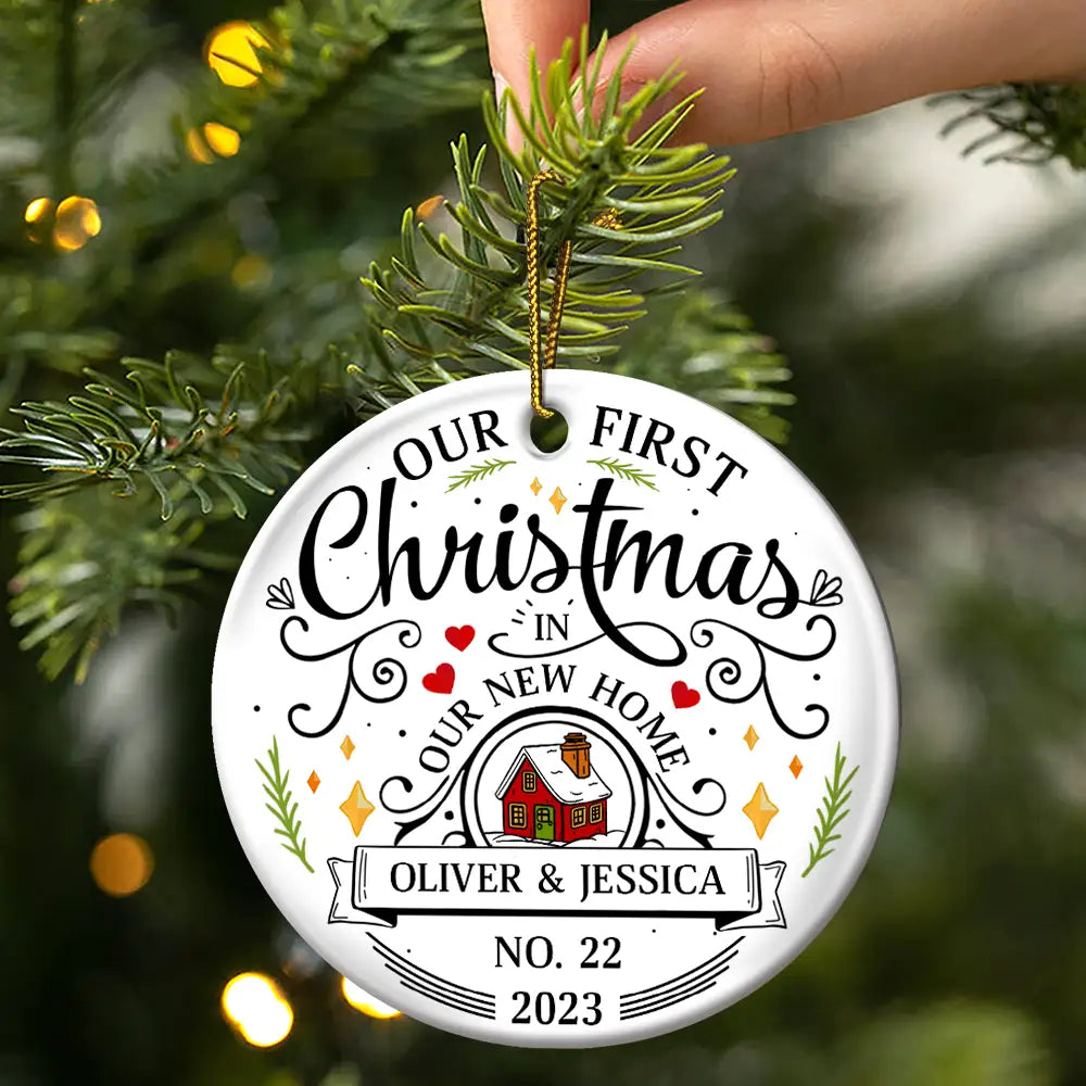 First Christmas In New Home Couples Family - Personalized Circle Ceramic Ornament ORNA1210