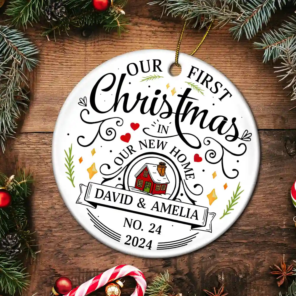 First Christmas In New Home Couples Family - Personalized Circle Ceramic Ornament ORNA1210