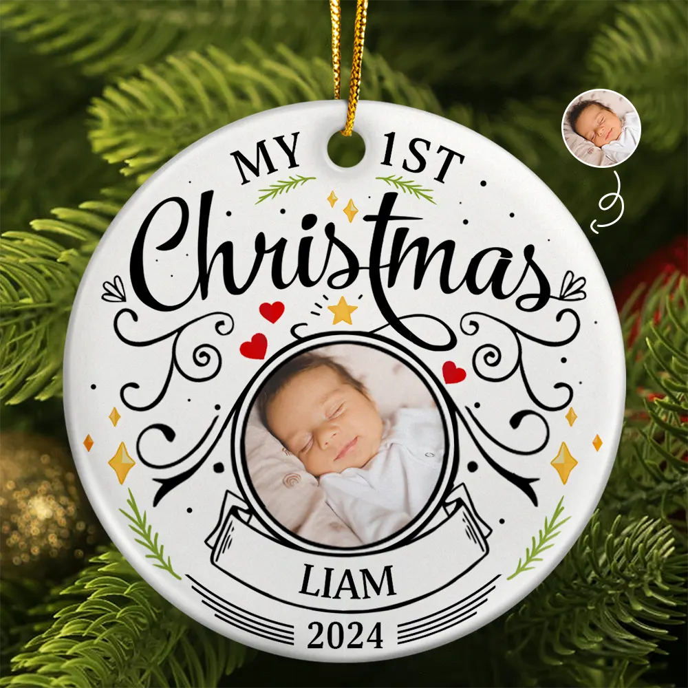 Custom Photo Baby First Christmas Parents - Personalized Circle Ceramic Ornament ORNA1210