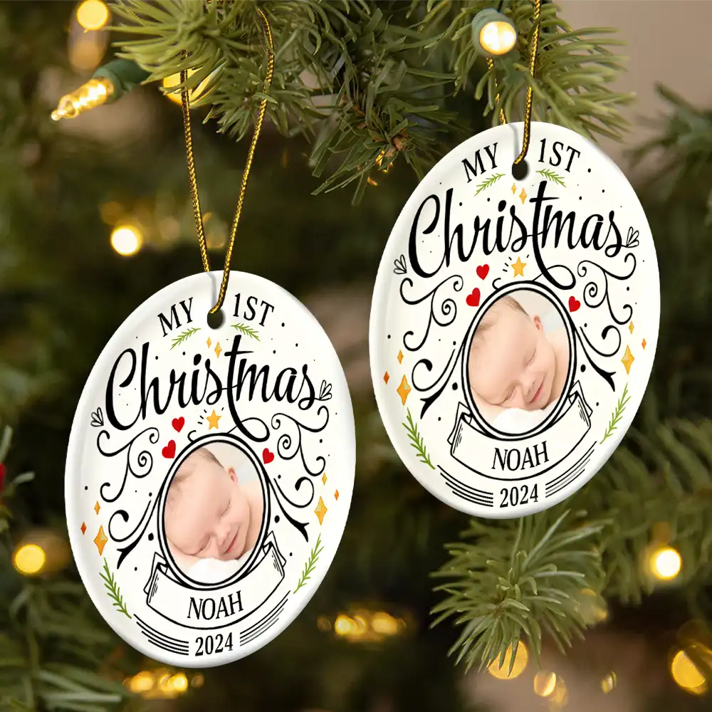Custom Photo Baby First Christmas Parents - Personalized Circle Ceramic Ornament ORNA1210