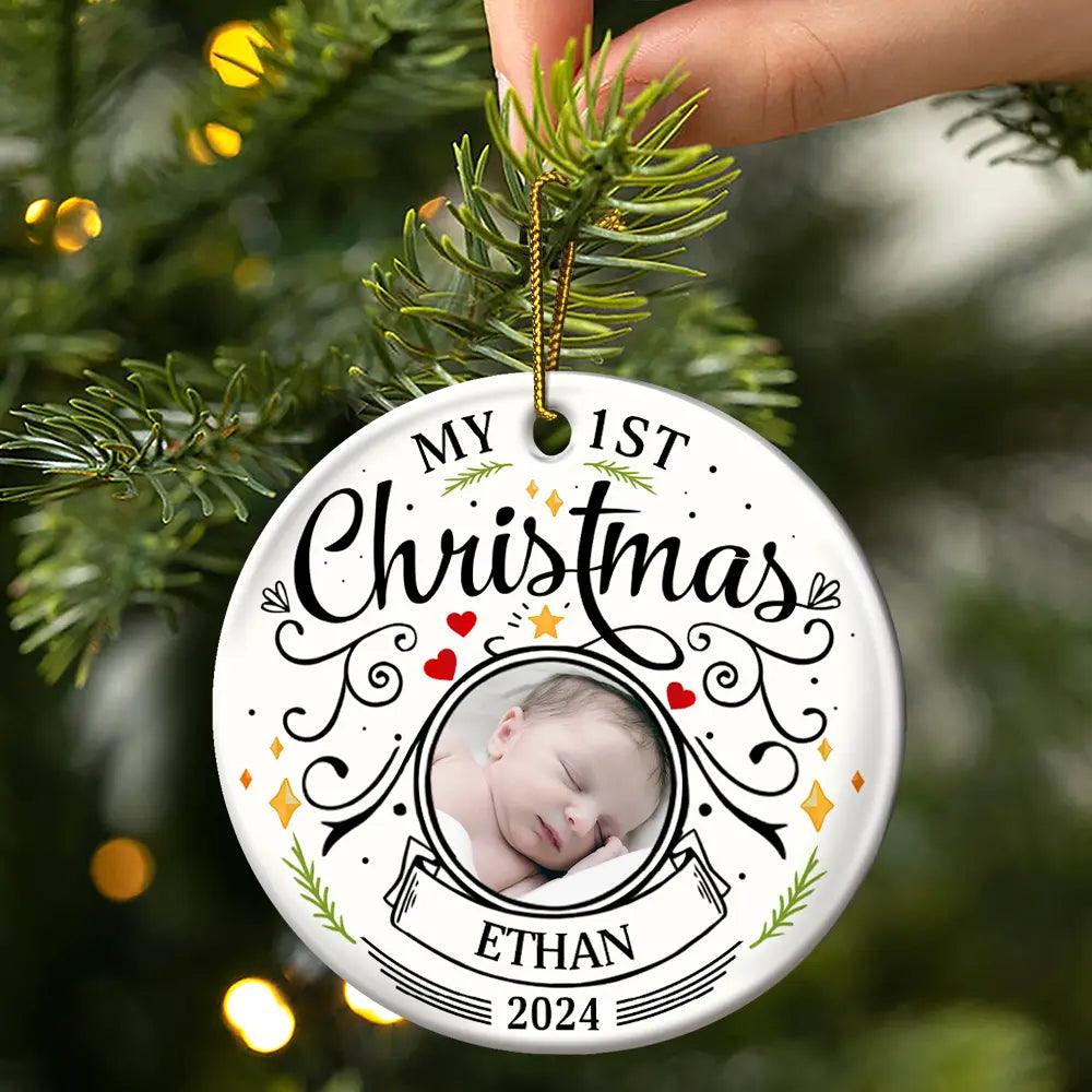 Custom Photo Baby First Christmas Parents - Personalized Circle Ceramic Ornament ORNA1210