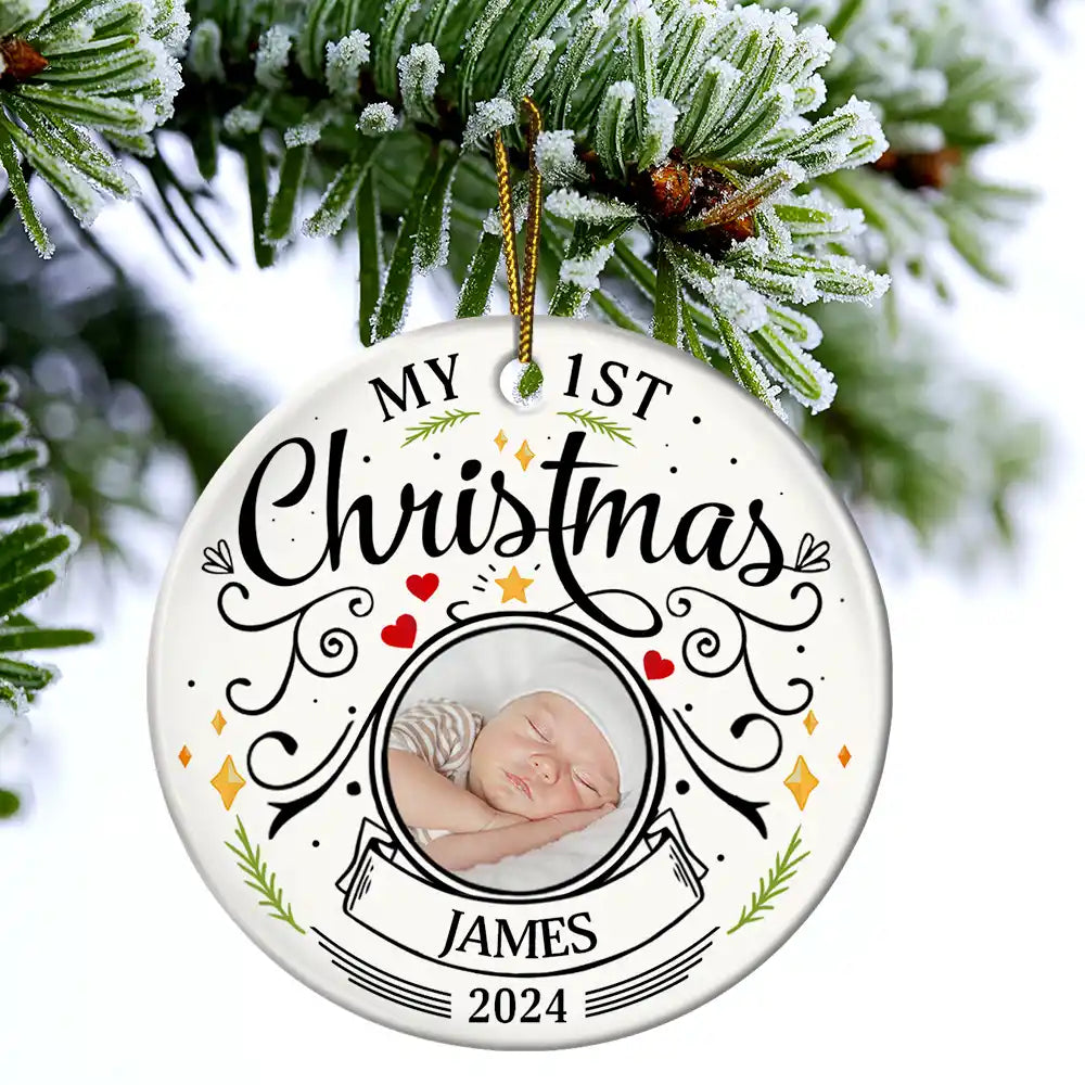 Custom Photo Baby First Christmas Parents - Personalized Circle Ceramic Ornament ORNA1210