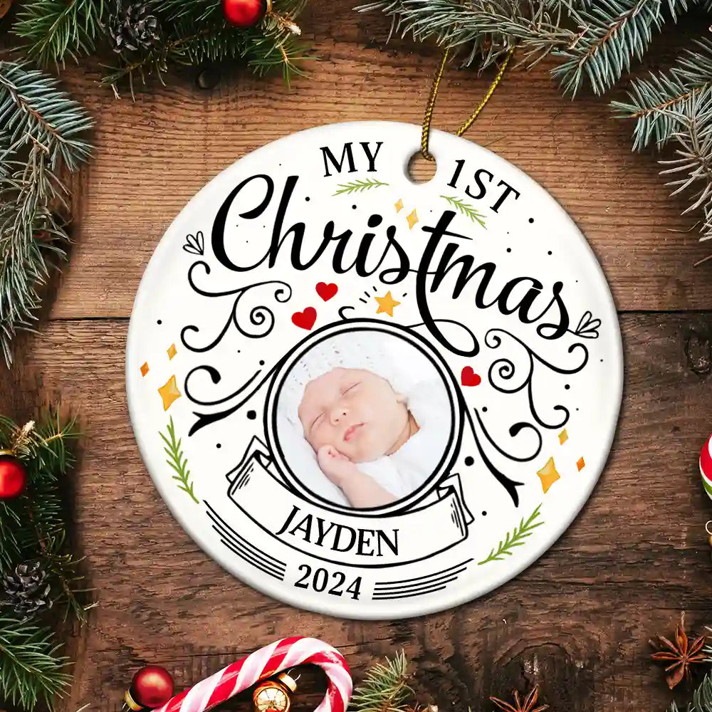 Custom Photo Baby First Christmas Parents - Personalized Circle Ceramic Ornament ORNA1210