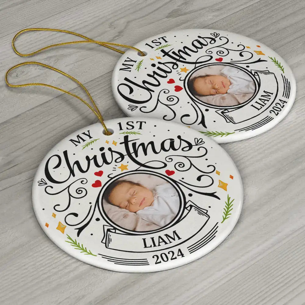Custom Photo Baby First Christmas Parents - Personalized Circle Ceramic Ornament ORNA1210