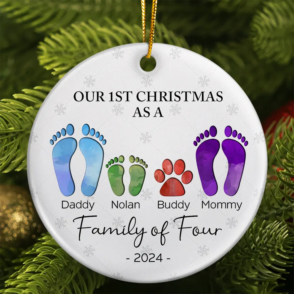 First Christmas As A Family Of Four Footprints - Personalized Circle Ceramic Ornament ORNA1210