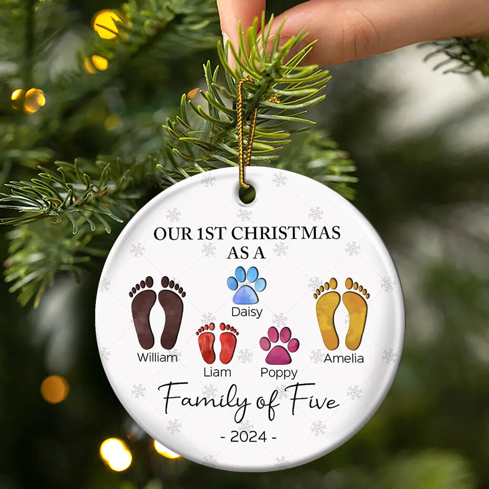 First Christmas As A Family Of Four Footprints - Personalized Circle Ceramic Ornament ORNA1210