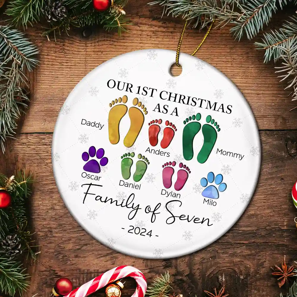 First Christmas As A Family Of Four Footprints - Personalized Circle Ceramic Ornament ORNA1210