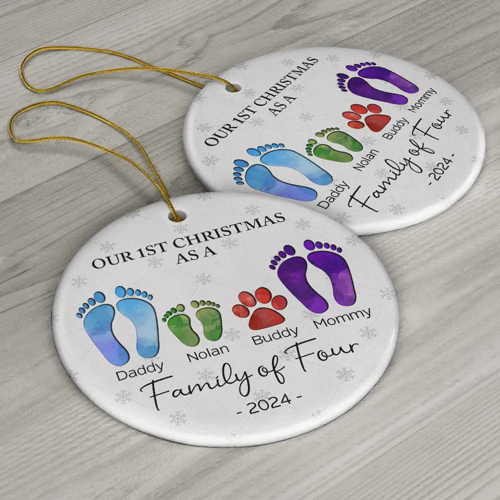 First Christmas As A Family Of Four Footprints - Personalized Circle Ceramic Ornament ORNA1210