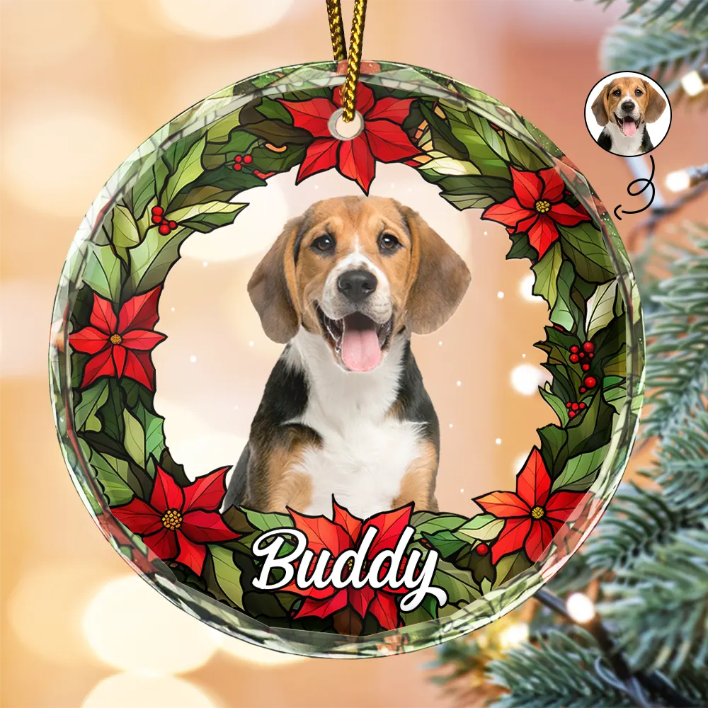 Custom Photo Pet Face Christmas Wreath Dog Cat Pet Memorial - Personalized Circle Glass Ornament ORNA1210