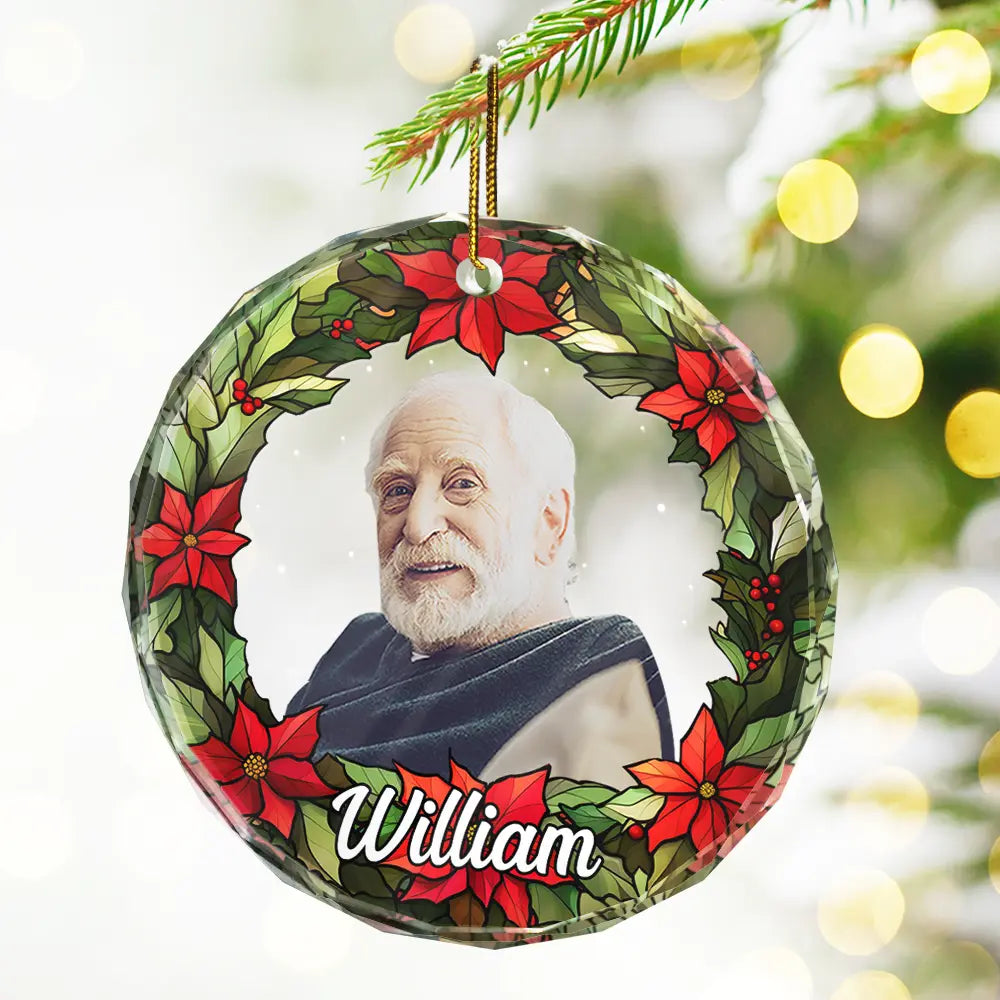 Custom Photo Pet Face Christmas Wreath Dog Cat Pet Memorial - Personalized Circle Glass Ornament ORNA1210