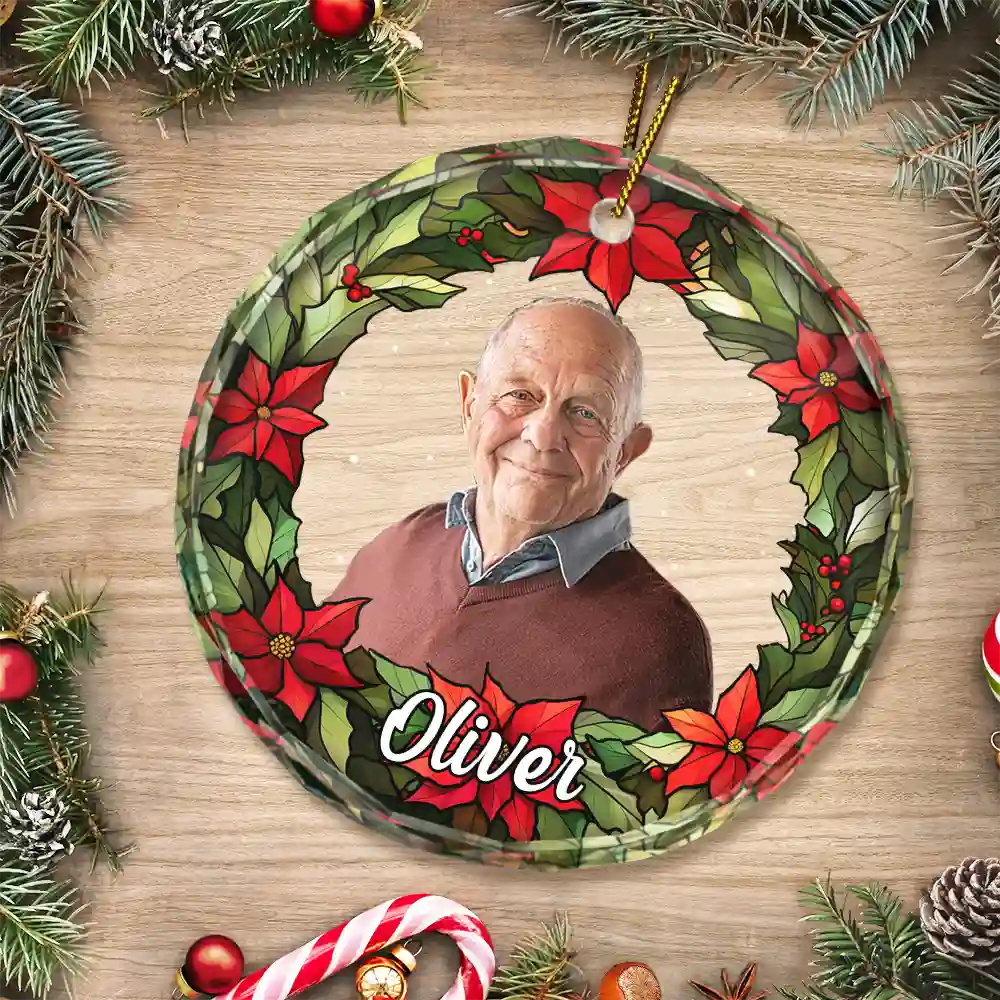 Custom Photo Pet Face Christmas Wreath Dog Cat Pet Memorial - Personalized Circle Glass Ornament ORNA1210