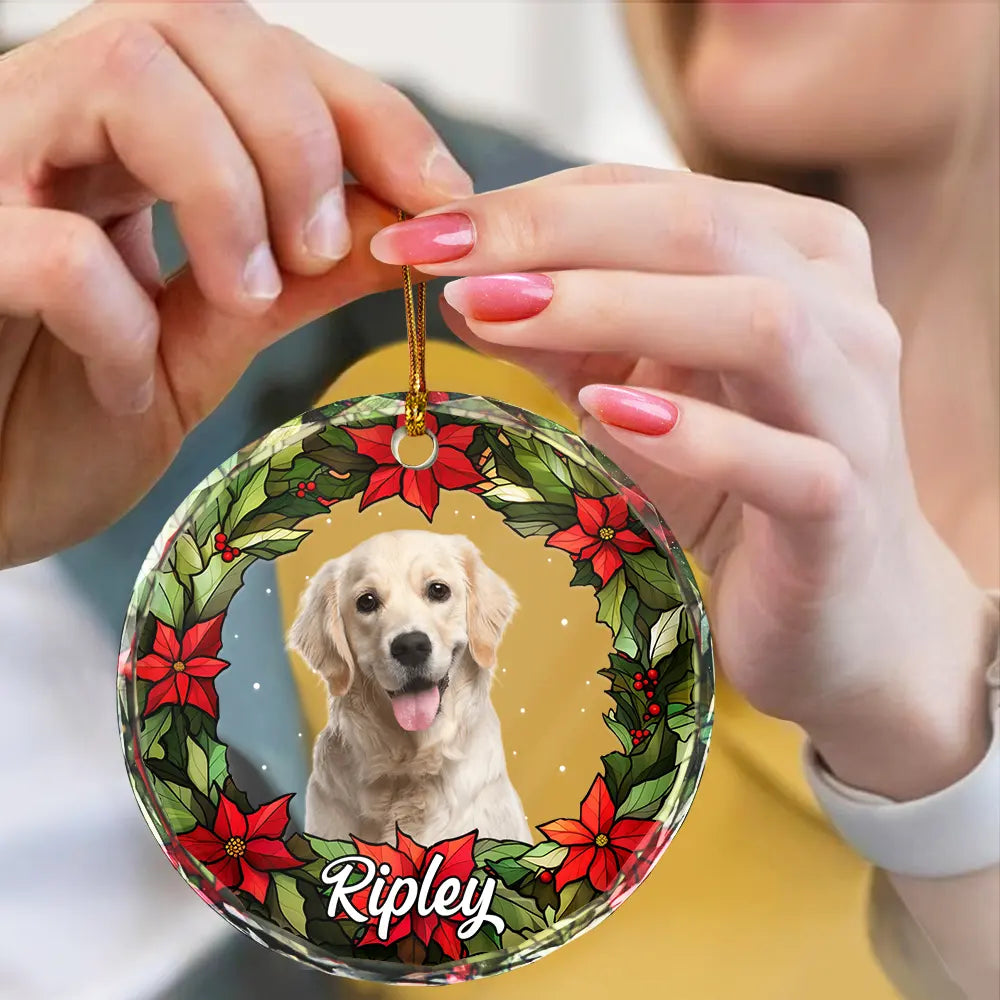 Custom Photo Pet Face Christmas Wreath Dog Cat Pet Memorial - Personalized Circle Glass Ornament ORNA1210