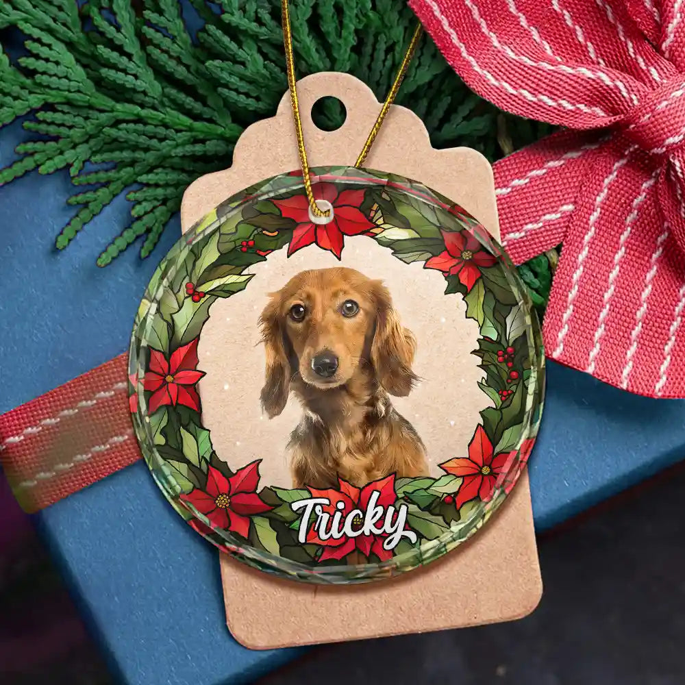 Custom Photo Pet Face Christmas Wreath Dog Cat Pet Memorial - Personalized Circle Glass Ornament ORNA1210