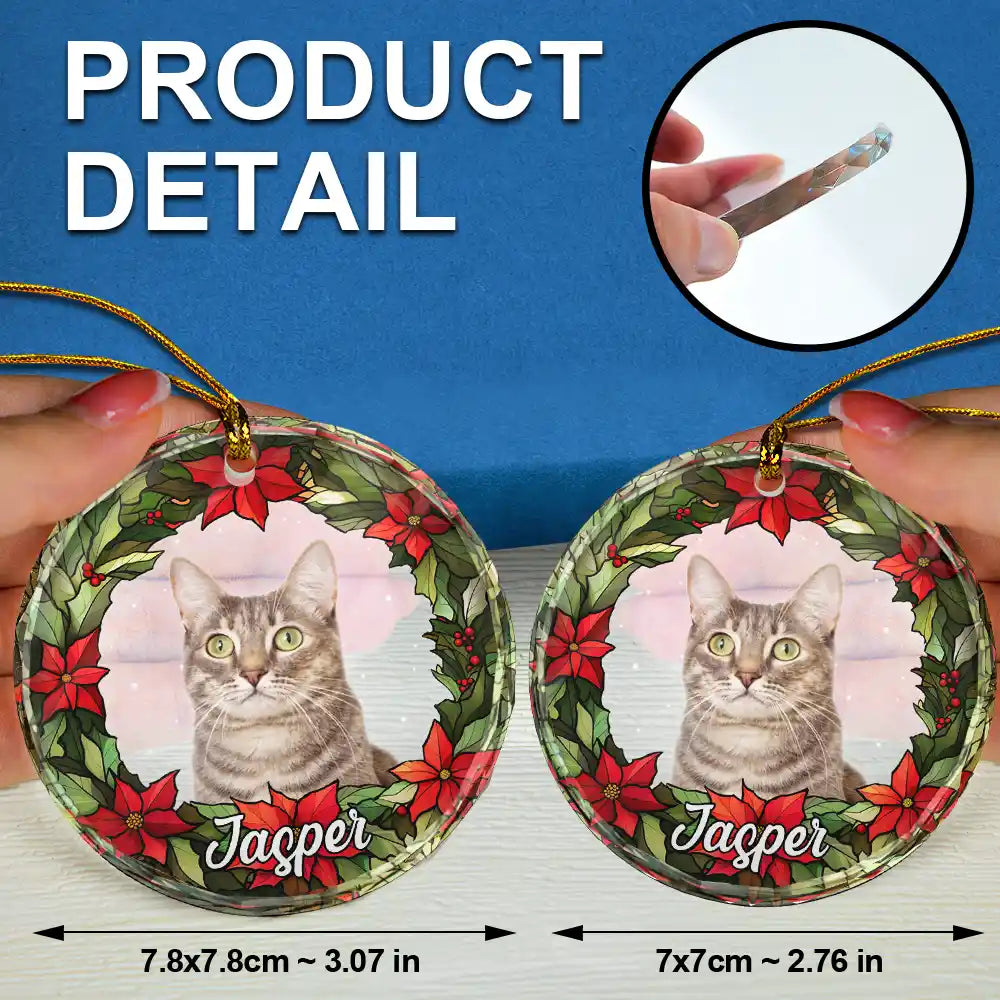 Custom Photo Pet Face Christmas Wreath Dog Cat Pet Memorial - Personalized Circle Glass Ornament ORNA1210