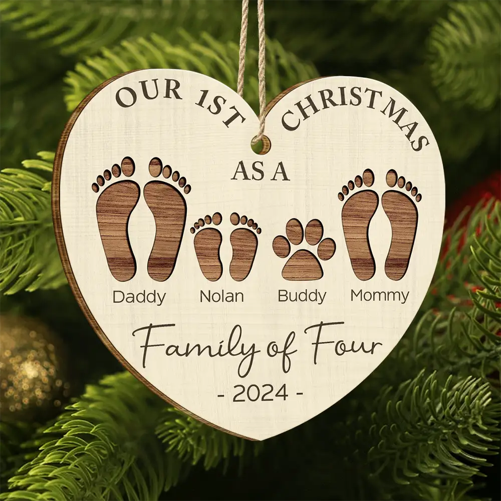 First Christmas As A Family Of Four Footprints - Personalized Custom Shaped Wooden Ornament ORNA1210