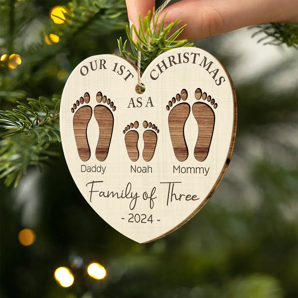 First Christmas As A Family Of Four Footprints - Personalized Custom Shaped Wooden Ornament ORNA1210