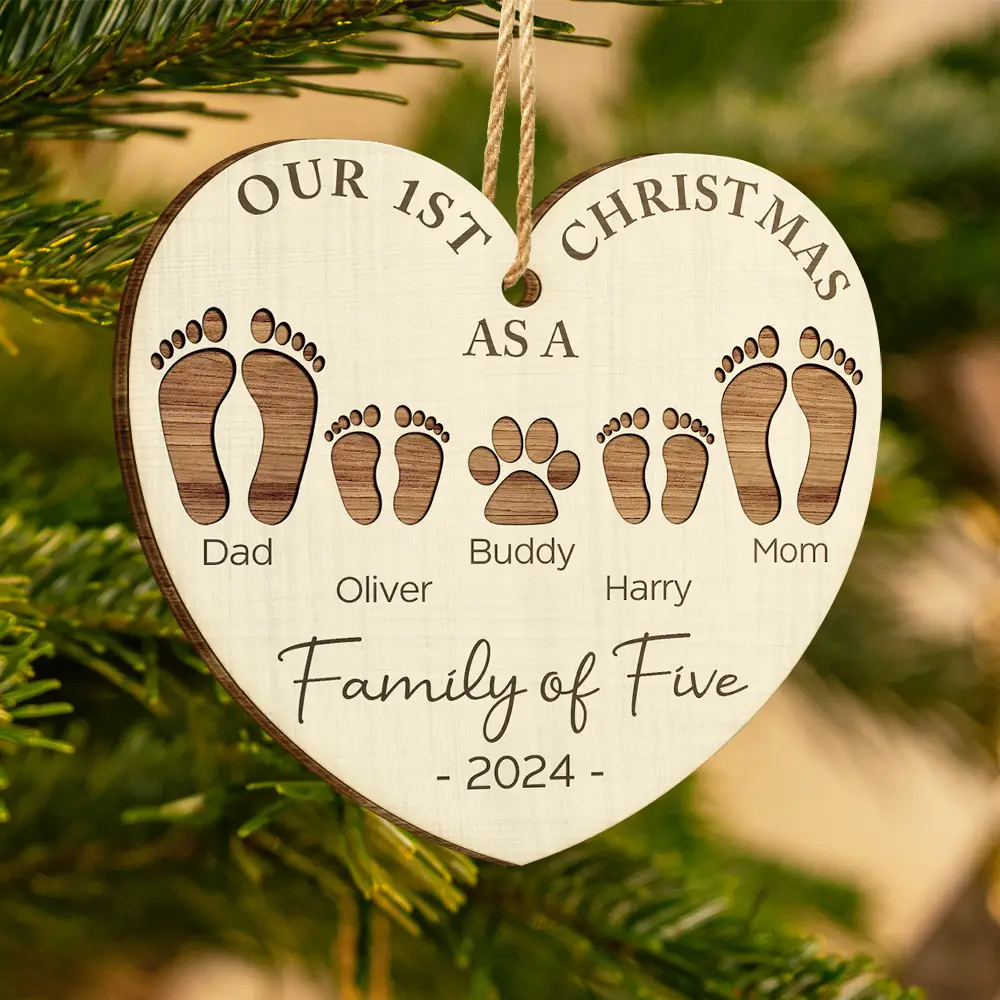 First Christmas As A Family Of Four Footprints - Personalized Custom Shaped Wooden Ornament ORNA1210