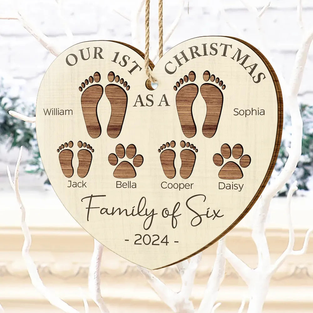 First Christmas As A Family Of Four Footprints - Personalized Custom Shaped Wooden Ornament ORNA1210