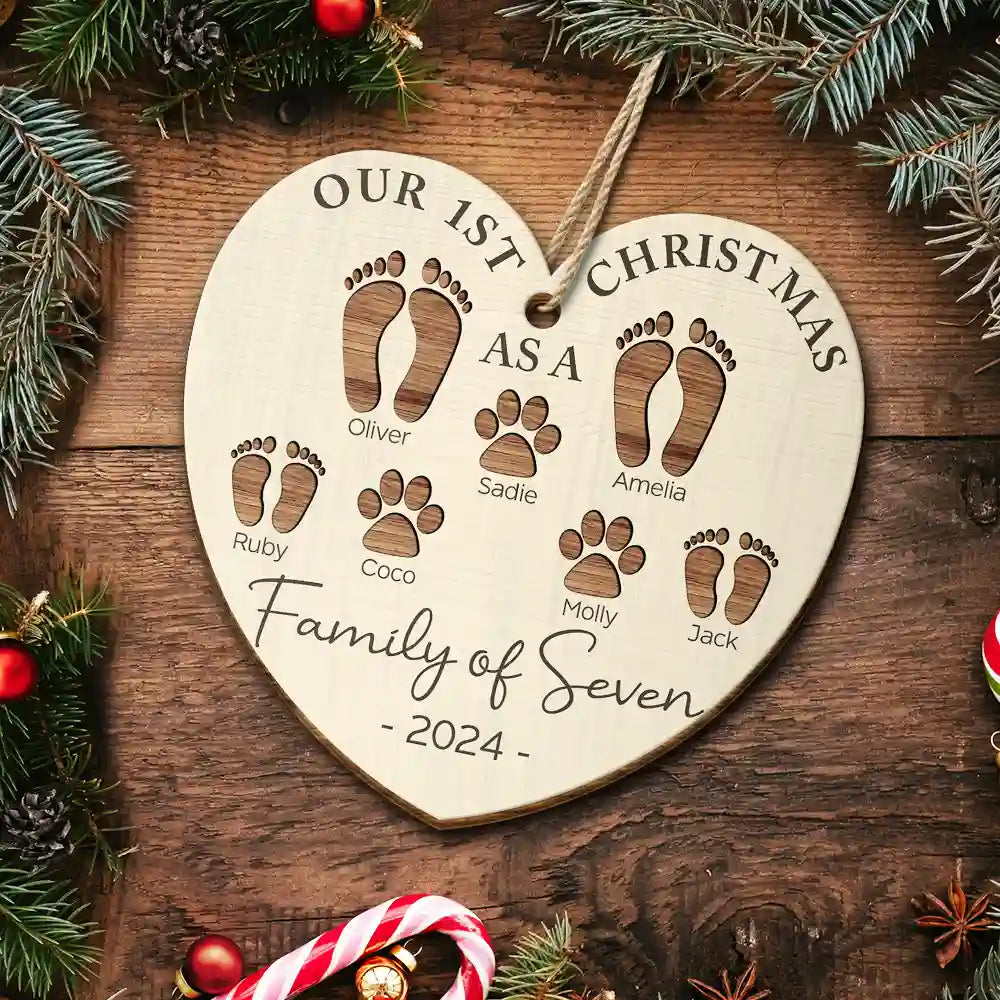 First Christmas As A Family Of Four Footprints - Personalized Custom Shaped Wooden Ornament ORNA1210