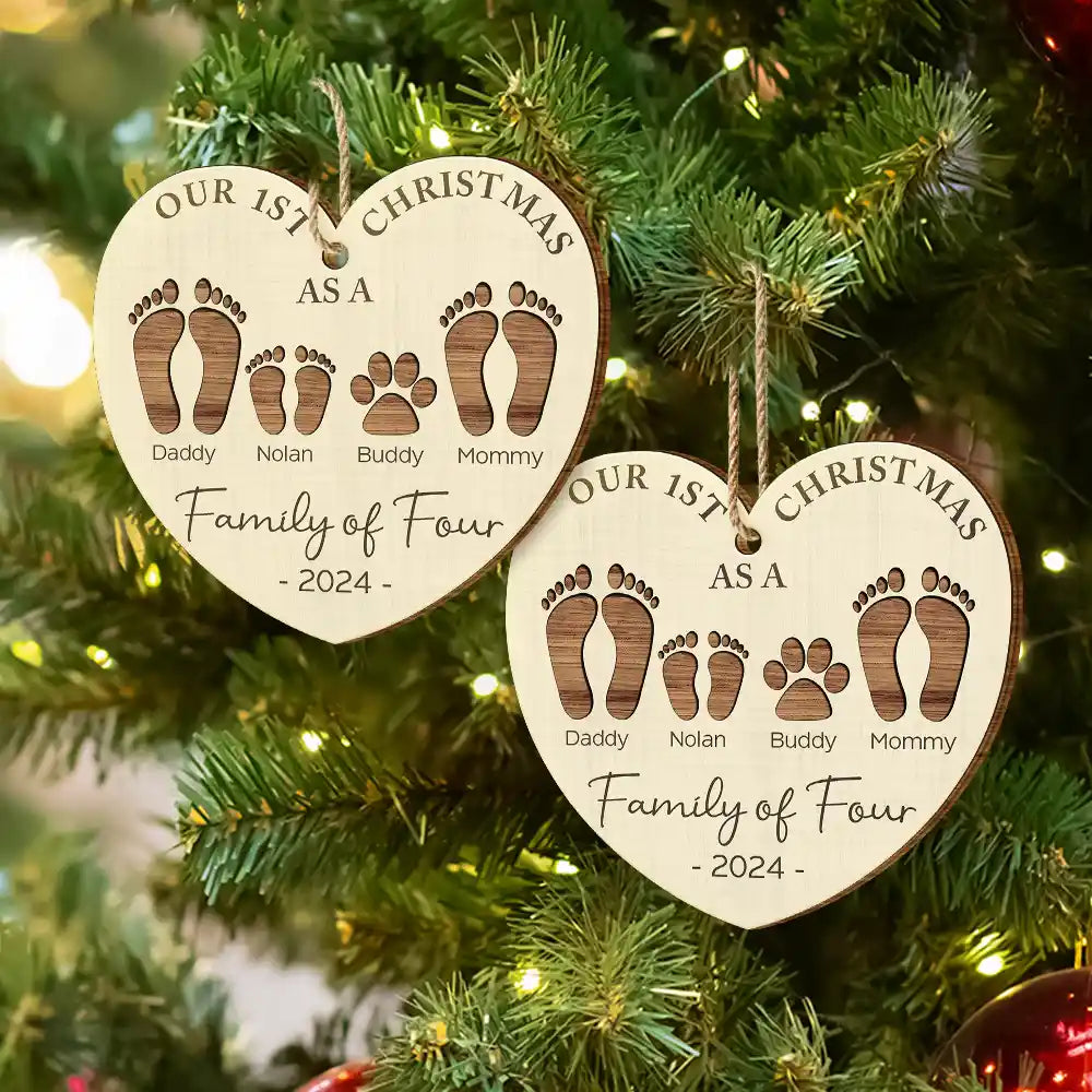 First Christmas As A Family Of Four Footprints - Personalized Custom Shaped Wooden Ornament ORNA1210