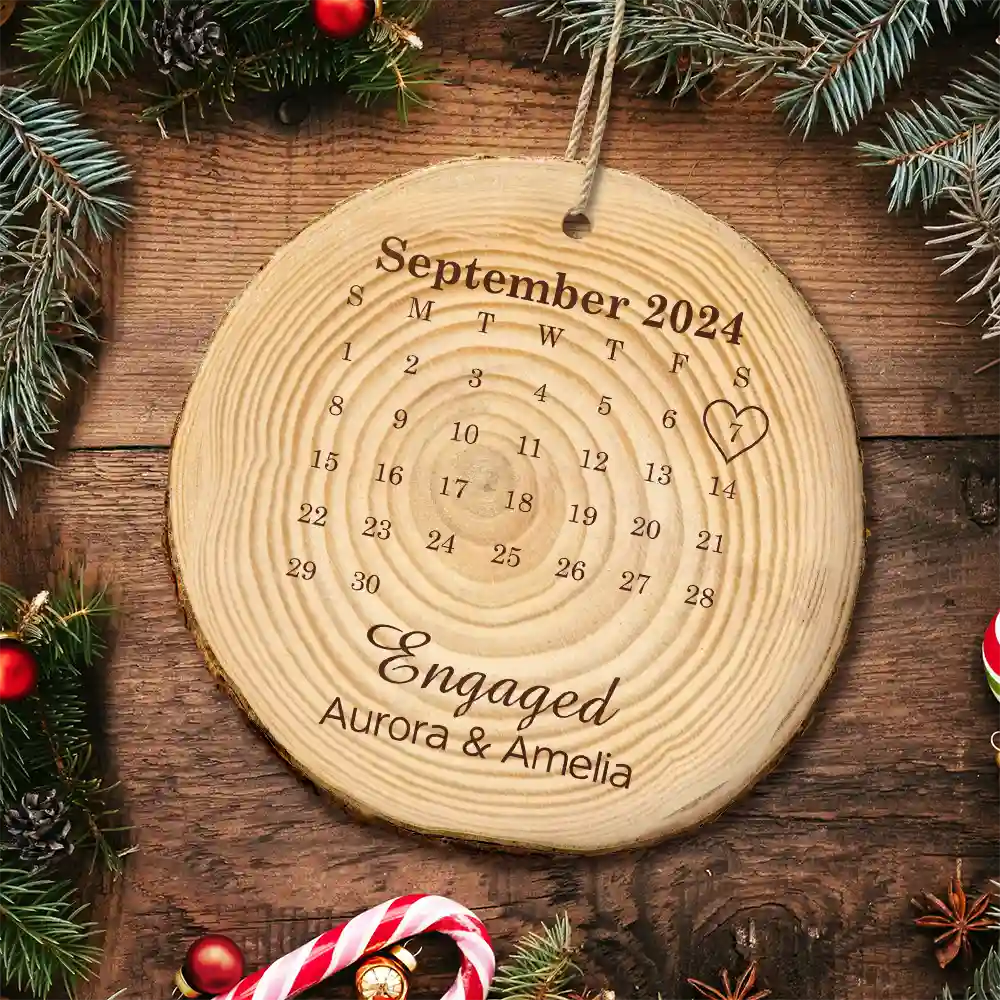 Married Engaged Anniversary Calendar Christmas Couple - Personalized Wood Slice Ornament ORNA1210