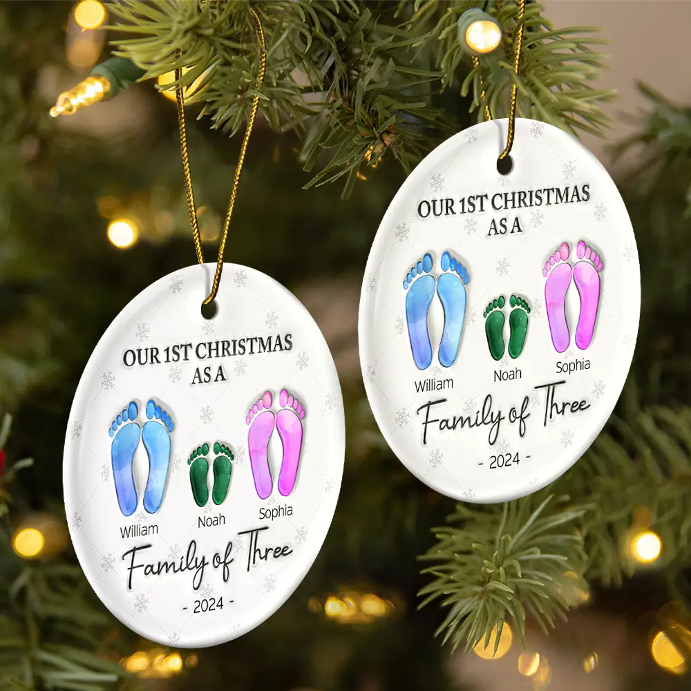 First Christmas As A Family Of Four Footprints - 3D Inflated Effect Printed Ornament, Personalized Circle Ceramic Ornament ORNA1210