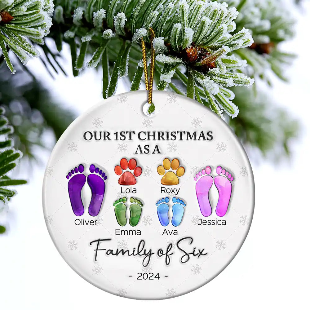 First Christmas As A Family Of Four Footprints - 3D Inflated Effect Printed Ornament, Personalized Circle Ceramic Ornament ORNA1210