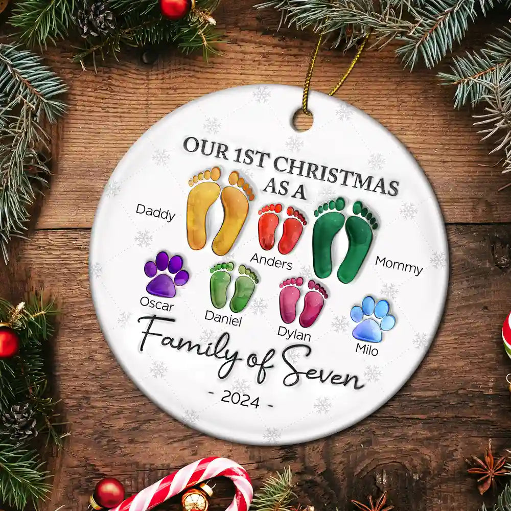 First Christmas As A Family Of Four Footprints - 3D Inflated Effect Printed Ornament, Personalized Circle Ceramic Ornament ORNA1210