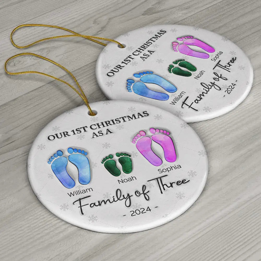 First Christmas As A Family Of Four Footprints - 3D Inflated Effect Printed Ornament, Personalized Circle Ceramic Ornament ORNA1210