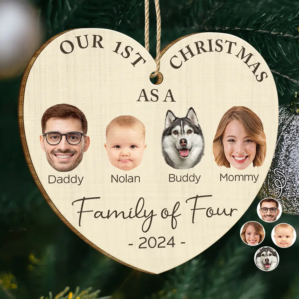 Custom Photo First Christmas As A Family Of Four - Personalized Custom Shaped Wooden Ornament ORNA1210