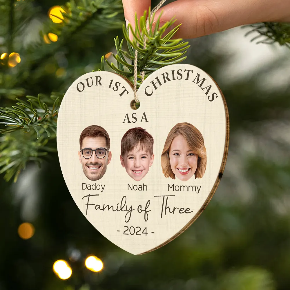 Custom Photo First Christmas As A Family Of Four - Personalized Custom Shaped Wooden Ornament ORNA1210