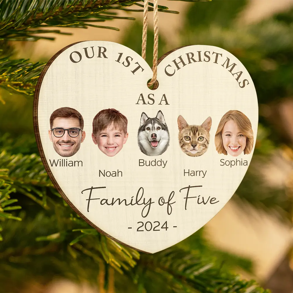 Custom Photo First Christmas As A Family Of Four - Personalized Custom Shaped Wooden Ornament ORNA1210