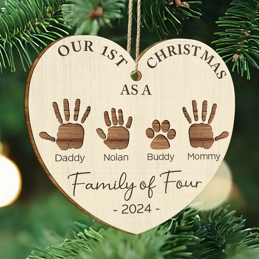 First Christmas As A Family Of Four Handprints - Personalized Custom Shaped Wooden Ornament ORNA1210