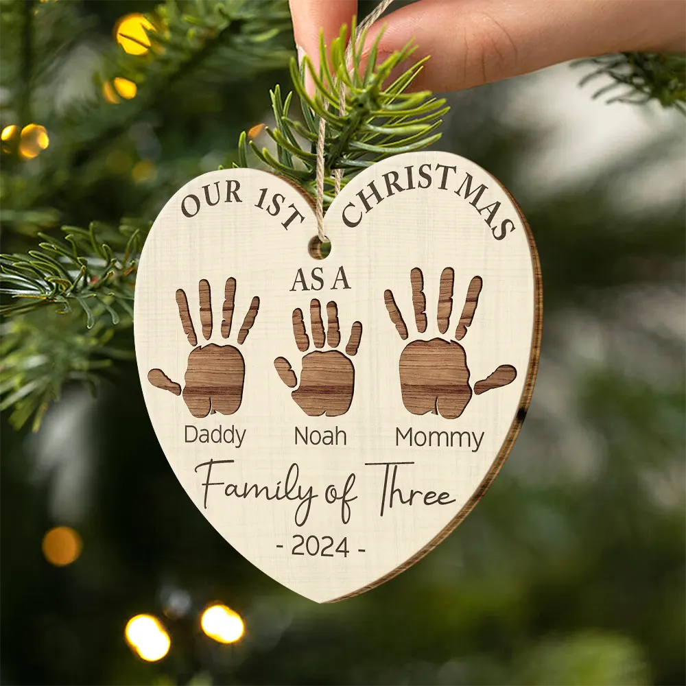 First Christmas As A Family Of Four Handprints - Personalized Custom Shaped Wooden Ornament ORNA1210