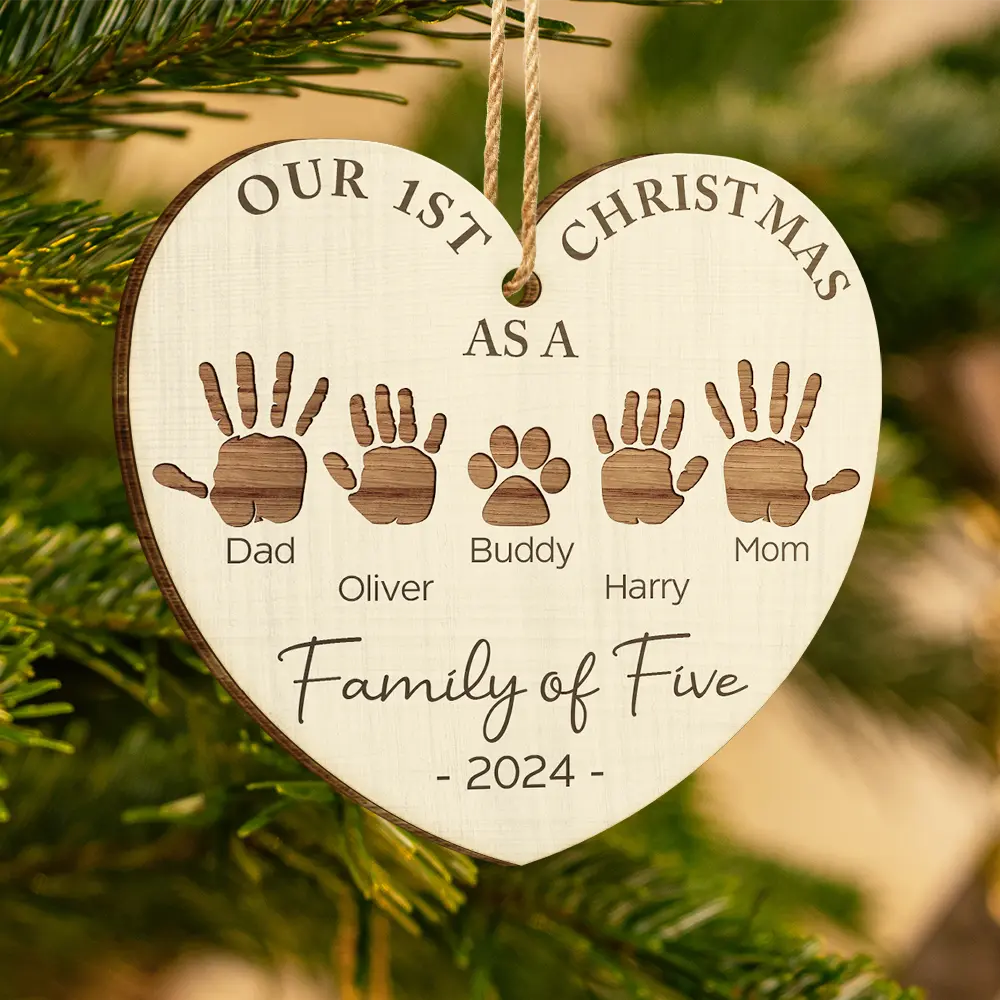 First Christmas As A Family Of Four Handprints - Personalized Custom Shaped Wooden Ornament ORNA1210