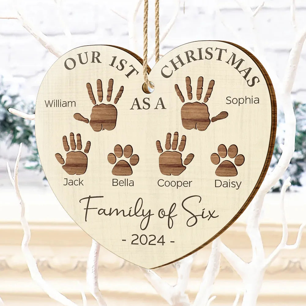 First Christmas As A Family Of Four Handprints - Personalized Custom Shaped Wooden Ornament ORNA1210