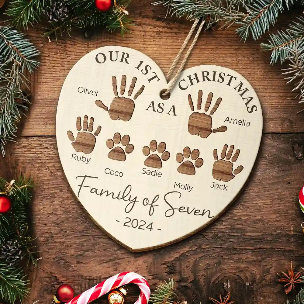 First Christmas As A Family Of Four Handprints - Personalized Custom Shaped Wooden Ornament ORNA1210