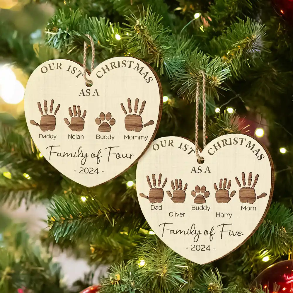 First Christmas As A Family Of Four Handprints - Personalized Custom Shaped Wooden Ornament ORNA1210