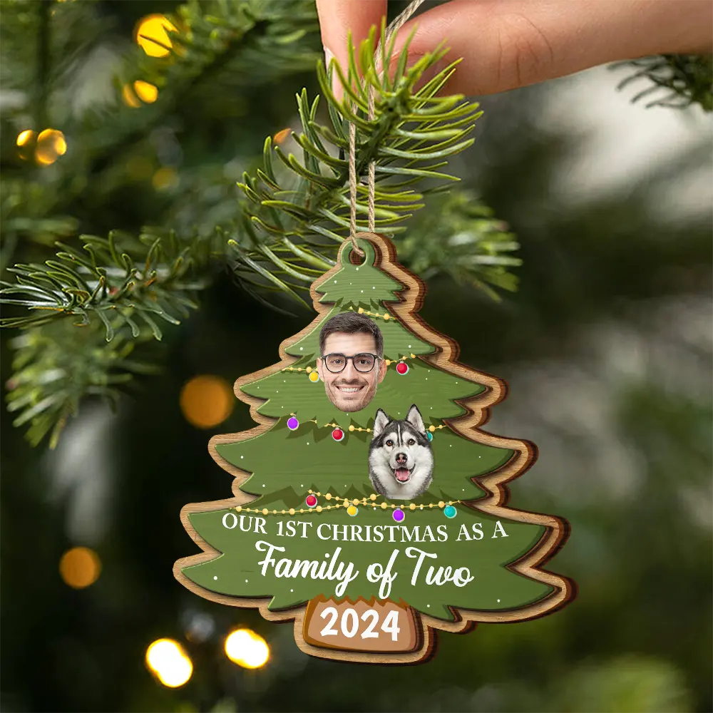 Custom Photo First Christmas As A Family Of Four Family Tree - Personalized 2-Layered Wooden Ornament ORNA1210