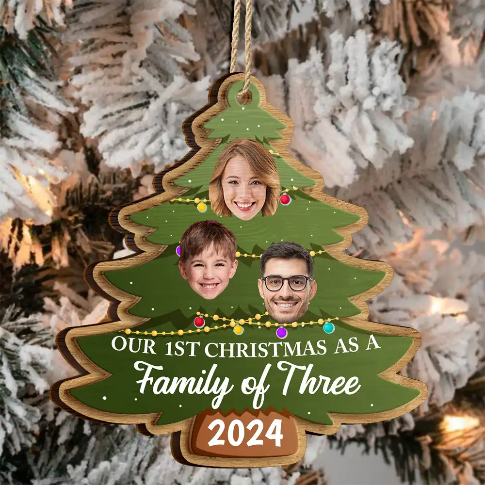 Custom Photo First Christmas As A Family Of Four Family Tree - Personalized 2-Layered Wooden Ornament ORNA1210