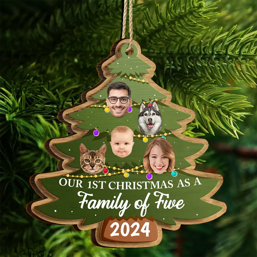 Custom Photo First Christmas As A Family Of Four Family Tree - Personalized 2-Layered Wooden Ornament ORNA1210