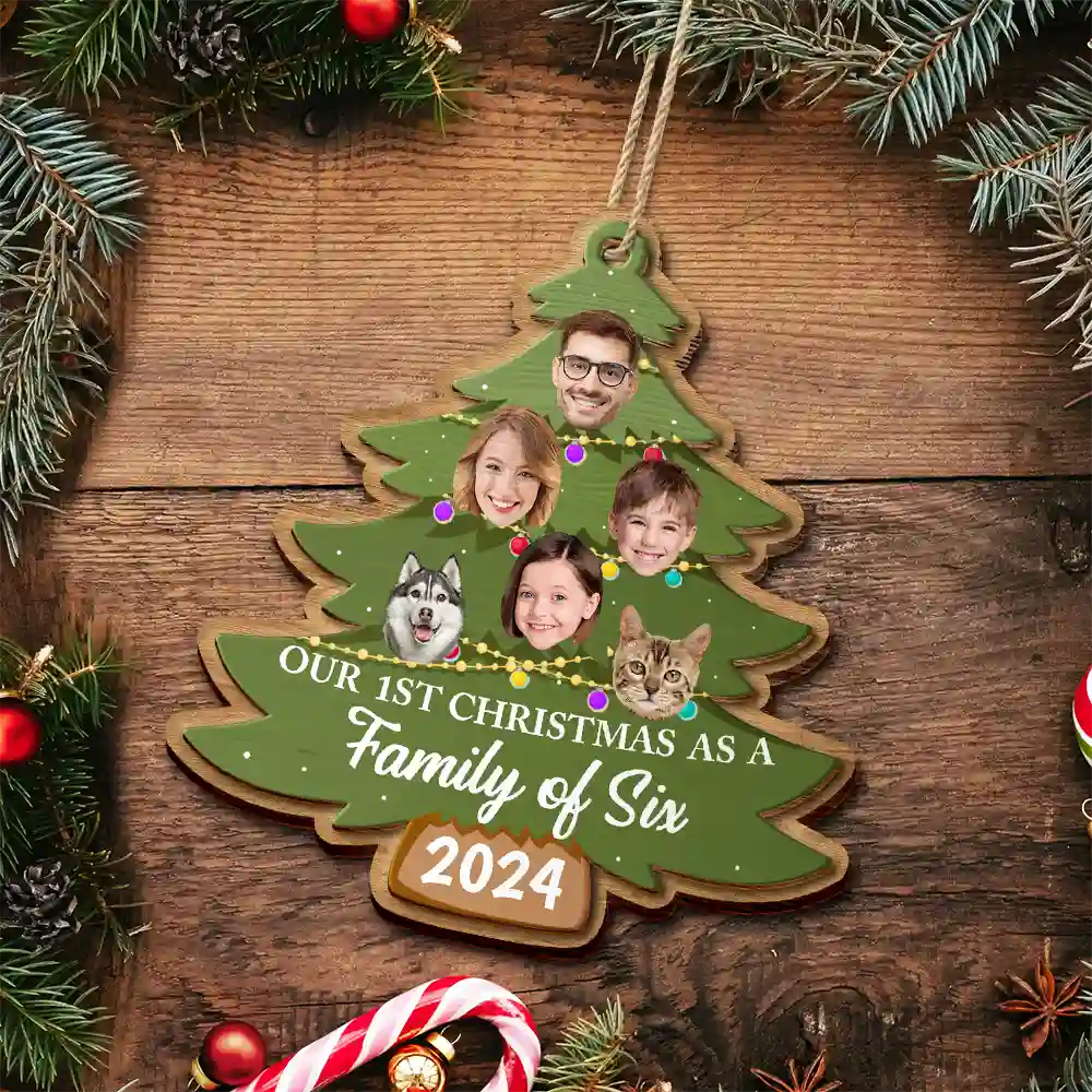 Custom Photo First Christmas As A Family Of Four Family Tree - Personalized 2-Layered Wooden Ornament ORNA1210