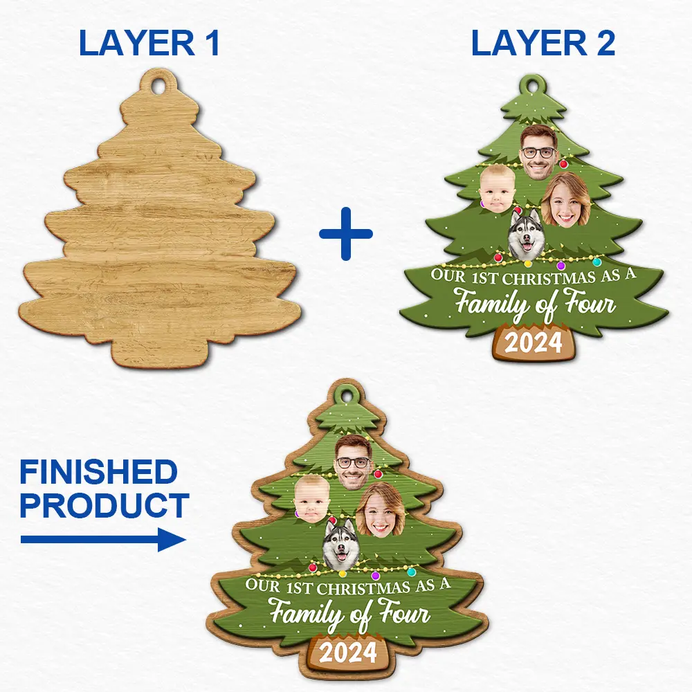 Custom Photo First Christmas As A Family Of Four Family Tree - Personalized 2-Layered Wooden Ornament ORNA1210