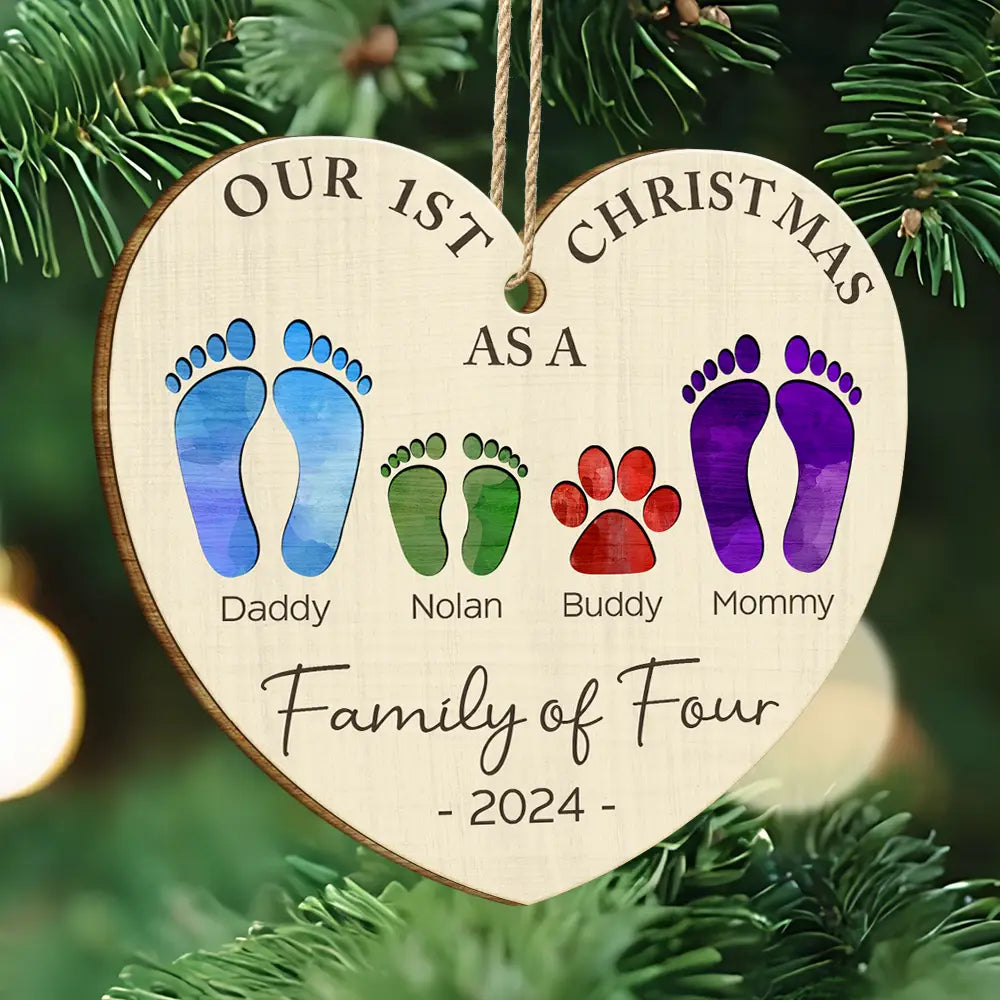 First Christmas As A Family Of Four Color Footprints - Personalized Custom Shaped Wooden Ornament ORNA1210