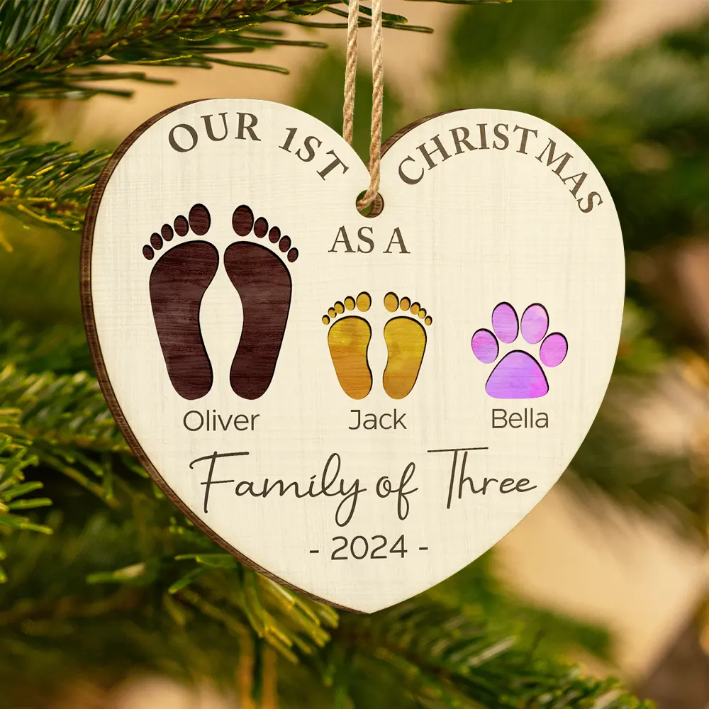 First Christmas As A Family Of Four Color Footprints - Personalized Custom Shaped Wooden Ornament ORNA1210